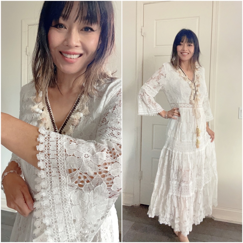 04 Floral Lace Tassel Pom Pom V neck maxi Dress - Picture 8 of 8